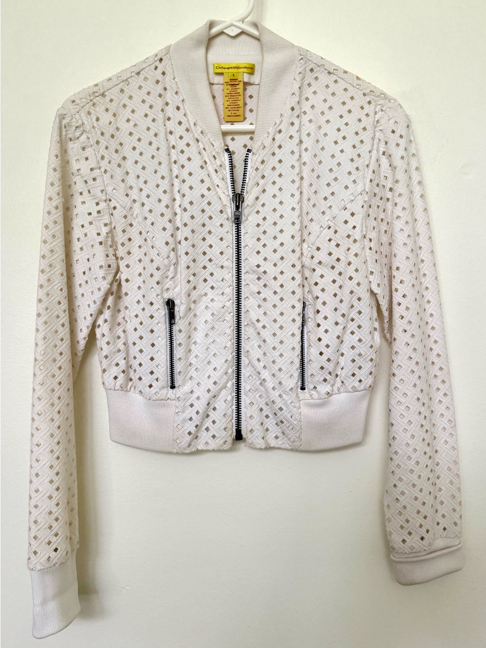 Christopher Kane Cream Laser-Cut Bomber Jacket with Black Zippers